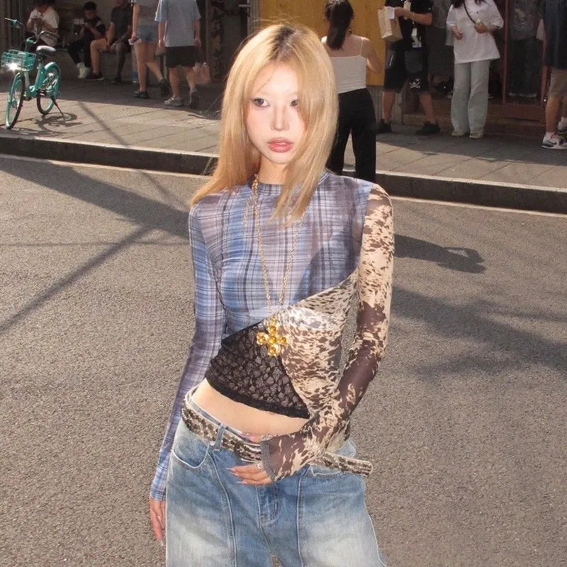 VILZSTUDIOS Vintage Lace Patchwork Mesh Irregular T-Shirt
