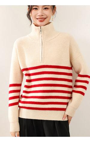 VILZSTUDIOS Warm Wool Striped High Collar Sweater