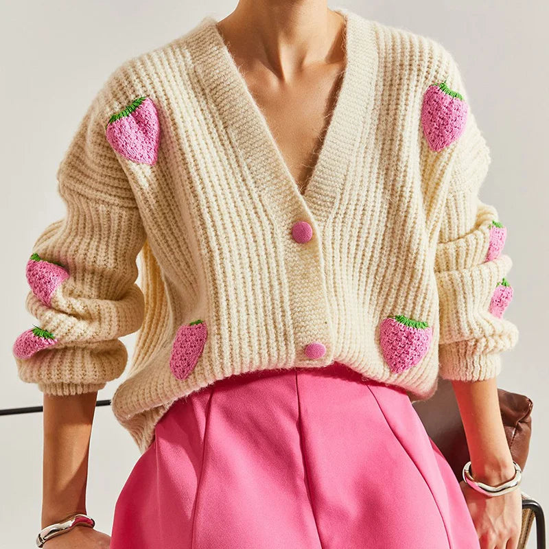 VILZSTUDIOS Cozy Chic Puppy Pattern Knit Cardigan