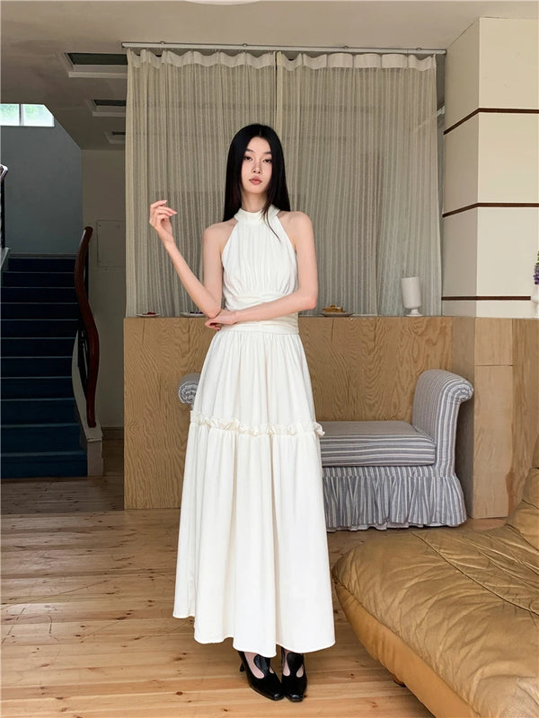 Luxury White Pleated Sleeveless Halter Maxi