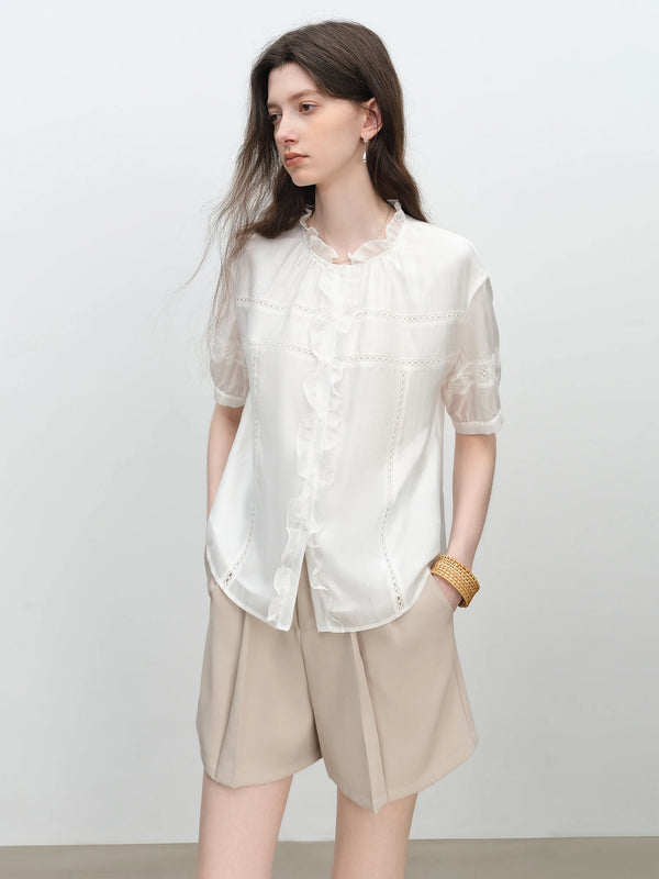 Elegant Romantic Ivory Floral Blouse