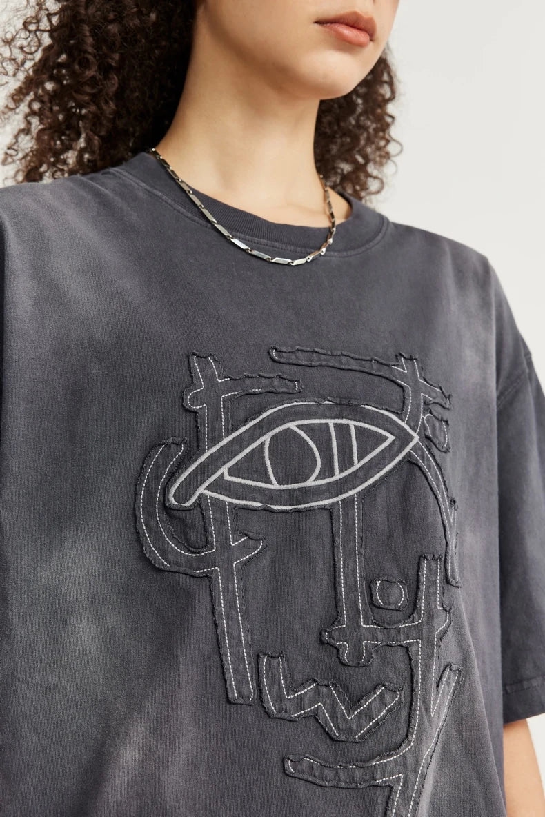 VILZSTUDIOS Acid Washed Patch Embroidery Oversize T-Shirt