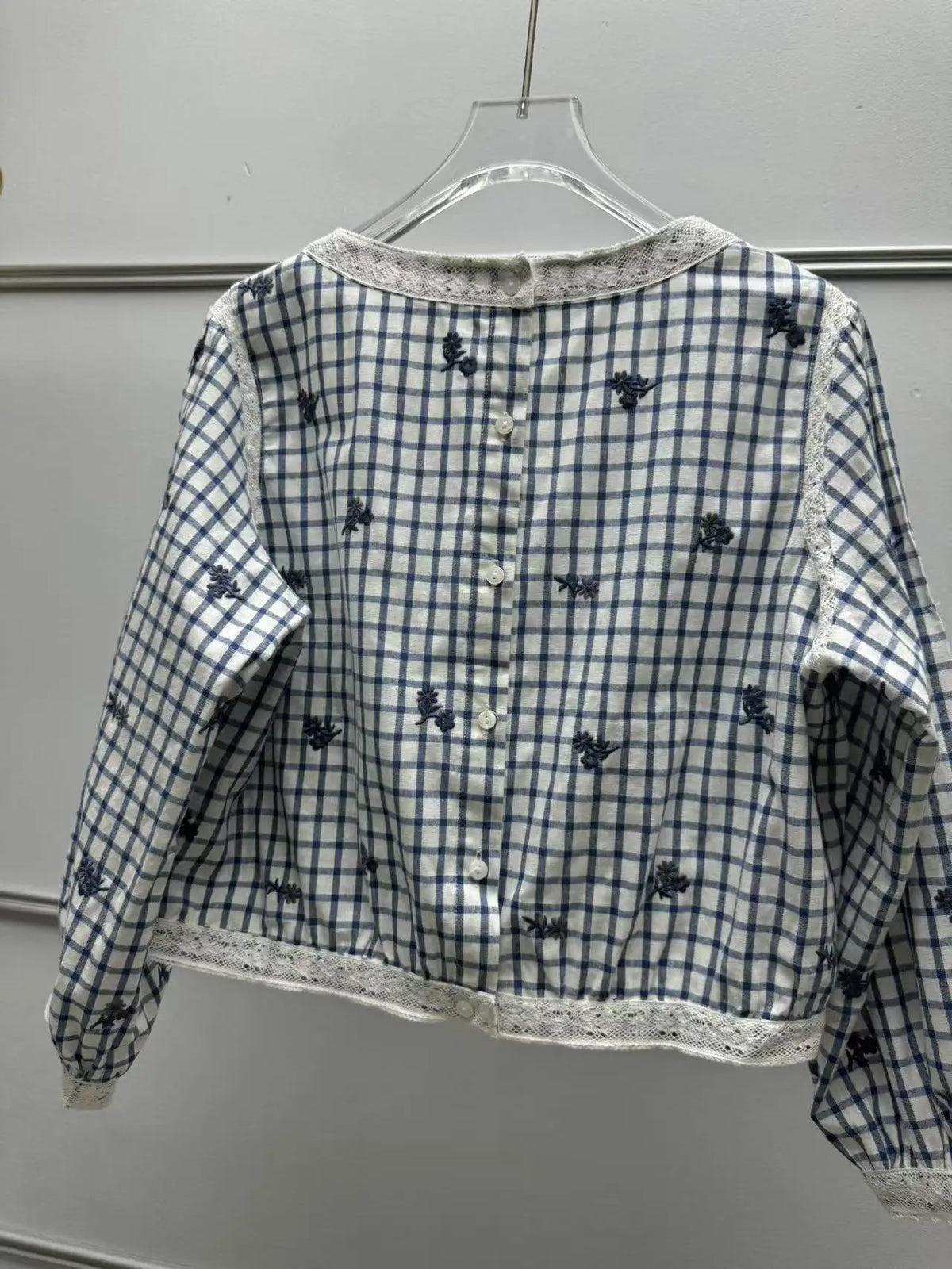 VILZSTUDIOS Rustic Floral Embroidered Plaid Blouse