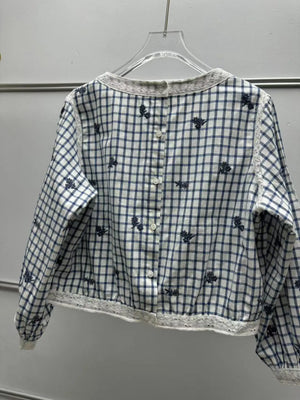 VILZSTUDIOS Rustic Floral Embroidered Plaid Blouse