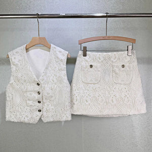 VILZSTUDIOS White Elegant Embroidered Vest & Mini Skirt Set