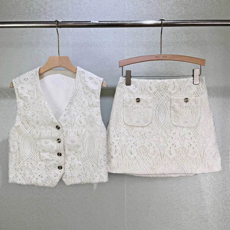 VILZSTUDIOS White Elegant Embroidered Vest & Mini Skirt Set