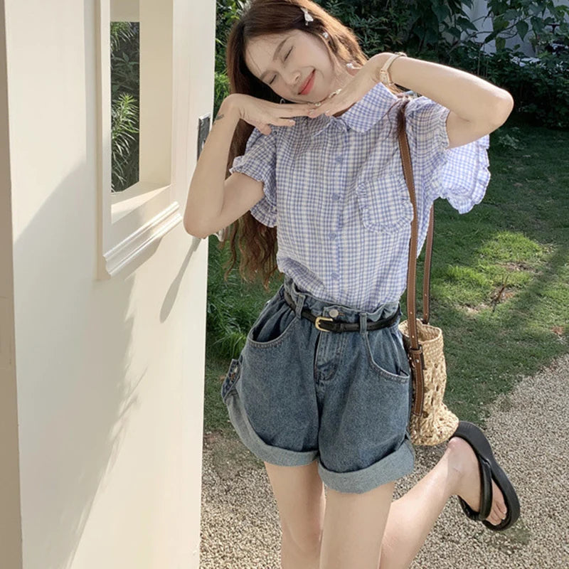 VILZSTUDIOS Ruffled Plaid Women Shirt