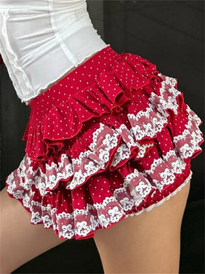 VILZSTUDIOS Lace Trim Layered Ruffled Mini Skirt