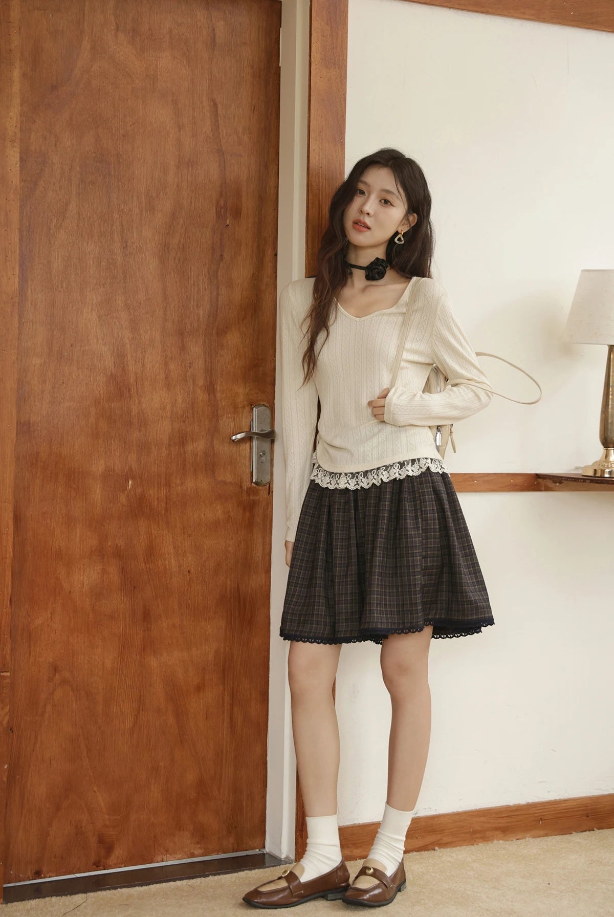 VILZSTUDIOS Hollow Knitted Lace Hem Long Sleeve Top