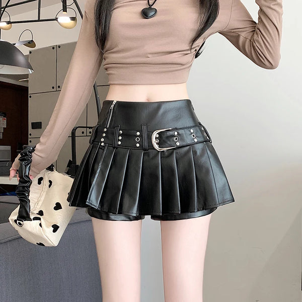 Black Gothic Pleated Leather A-Line Shorts