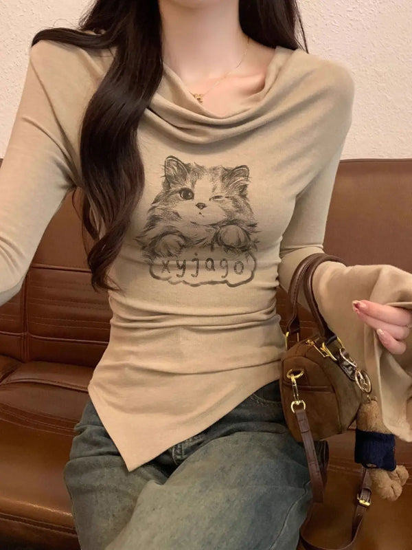 Cat Printed Swing Neck Top