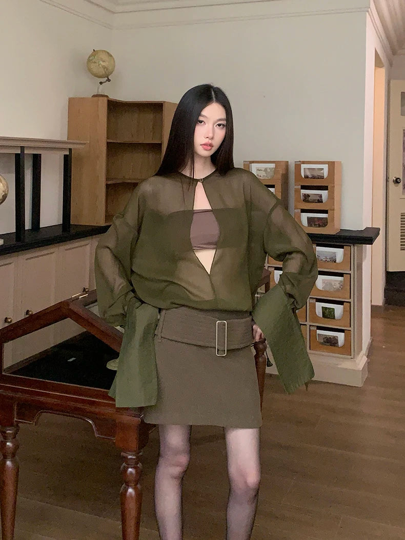 VILZSTUDIOS Elegant Green Sheer Blouse & Mini Skirt