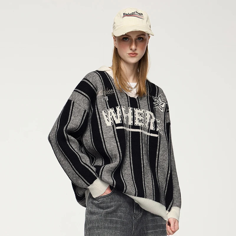 VILZSTUDIOS Cozy Retro Sporty Stripe Knit Sweater