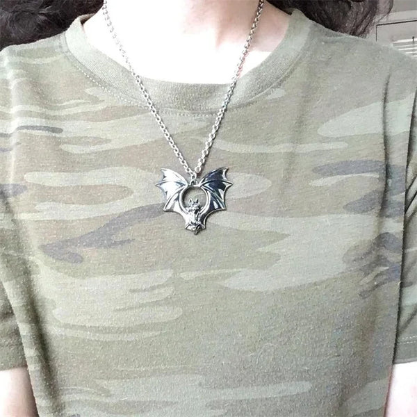 Stainless Steel Punk Bat Pendant Necklace