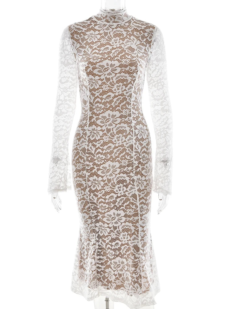VILZSTUDIOS Elegant Floral Lace Long Sleeve Dress