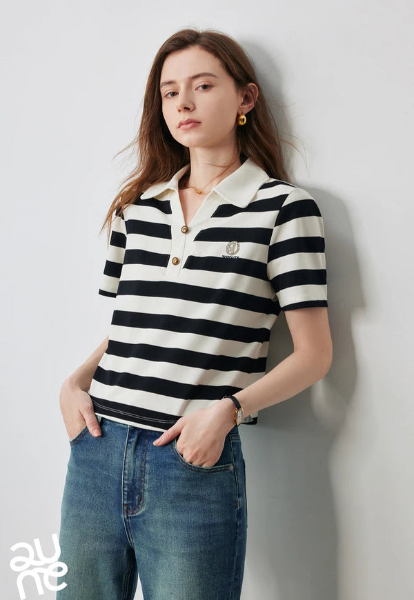 Stylish Women Polo Collar Letter T-Shirt