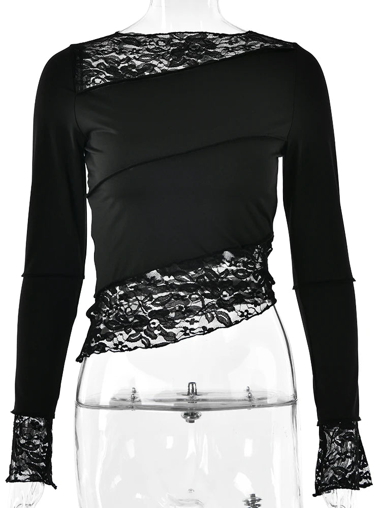 VILZSTUDIOS White Lace Patchwork Long Sleeve T-Shirt
