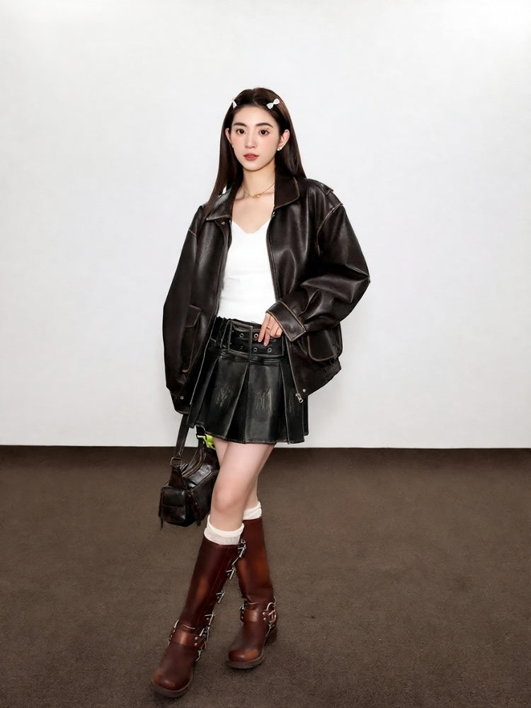 VILZSTUDIOS Distressed Pleated Faux Leather Skirt