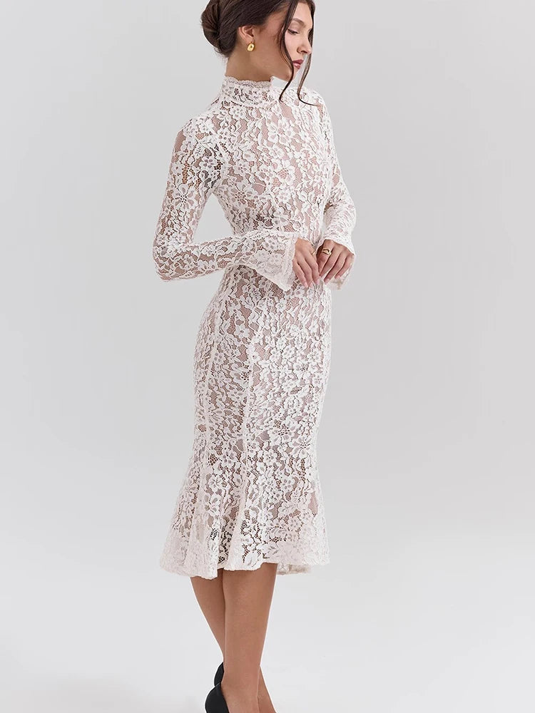 VILZSTUDIOS Elegant Floral Lace Long Sleeve Dress