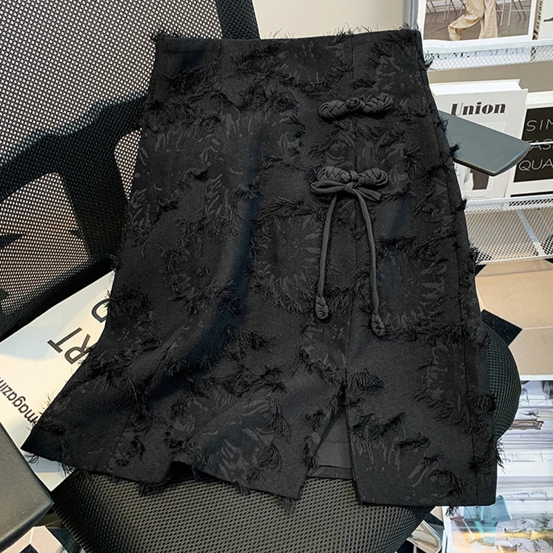 VILZSTUDIOS Elegant Green Chinese Style A-Line Skirt