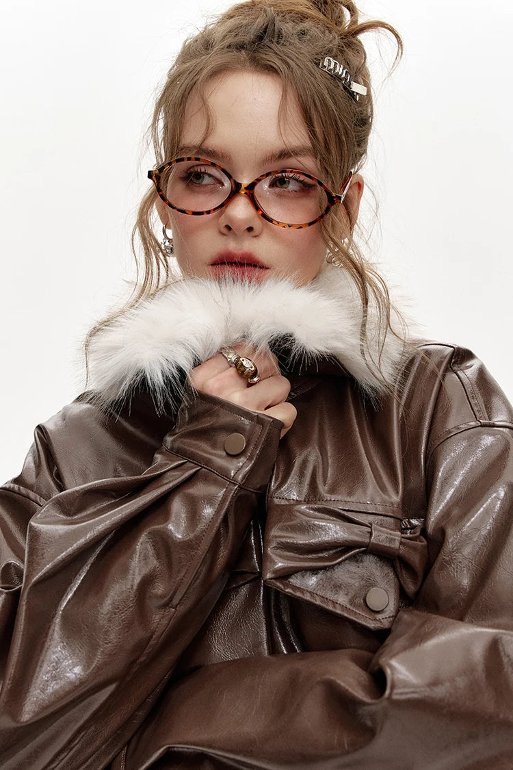 VILZSTUDIOS Plush Collar Spliced PU Jacket