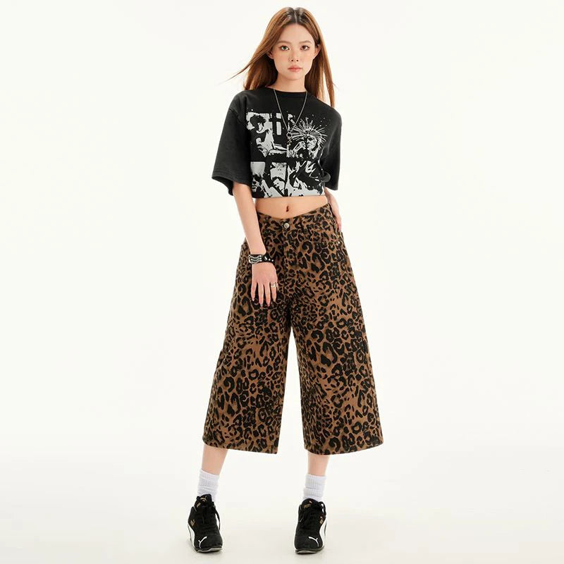 VILZSTUDIOS Retro Leopard Print Wide Leg Jeans