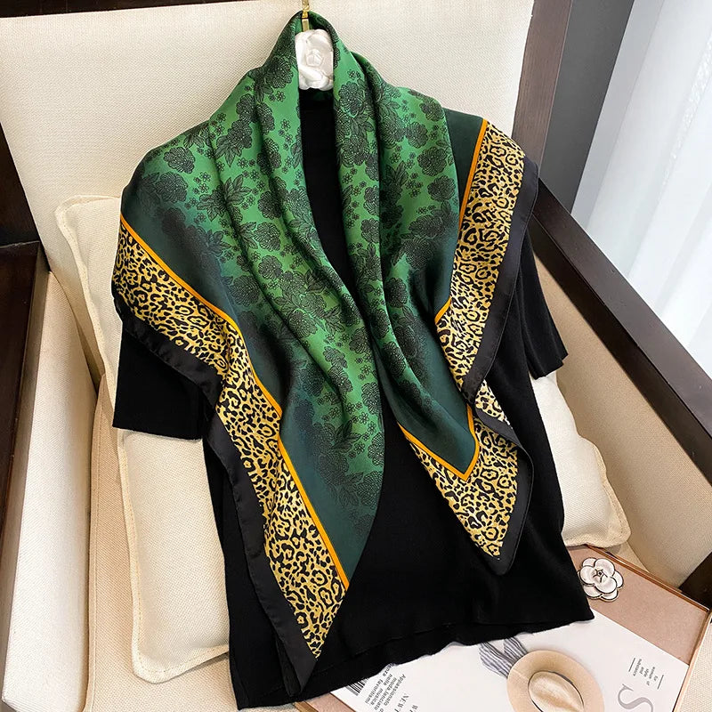 VILZSTUDIOS 90*90cm Women Square Silk Scarf Luxury Brand Large Shawl Neckerchief Print Headband Female Foulard Bandana Wraps Hijab Scarves