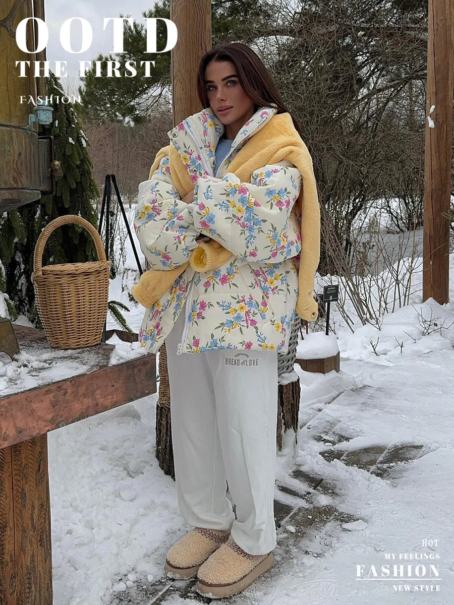 VILZSTUDIOS Cozy Floral Print Oversized Puffer Jacket