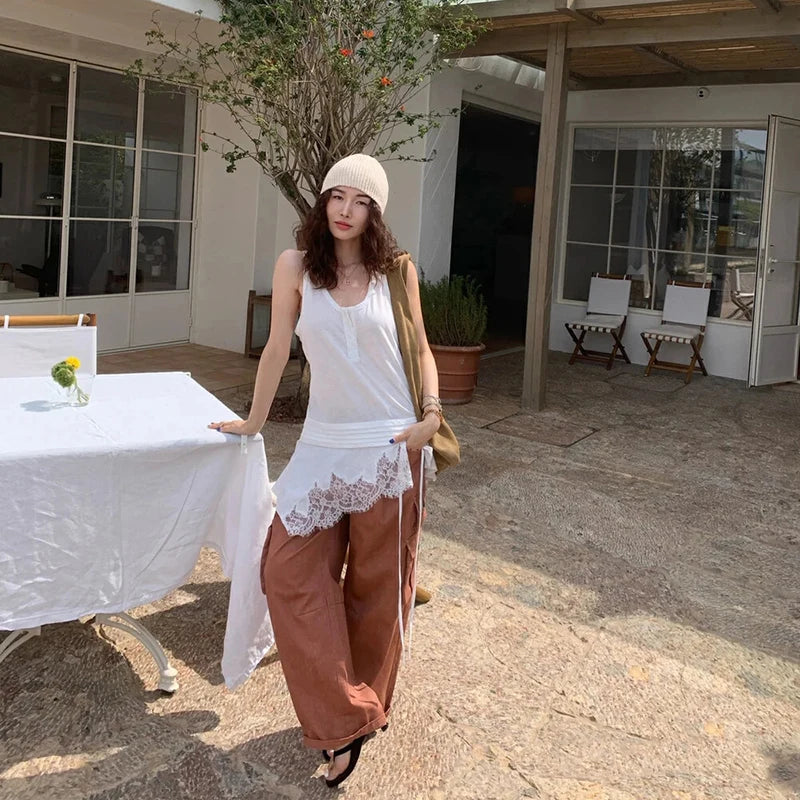 VILZSTUDIOS Sleeveless White Splicing Lace Blouse