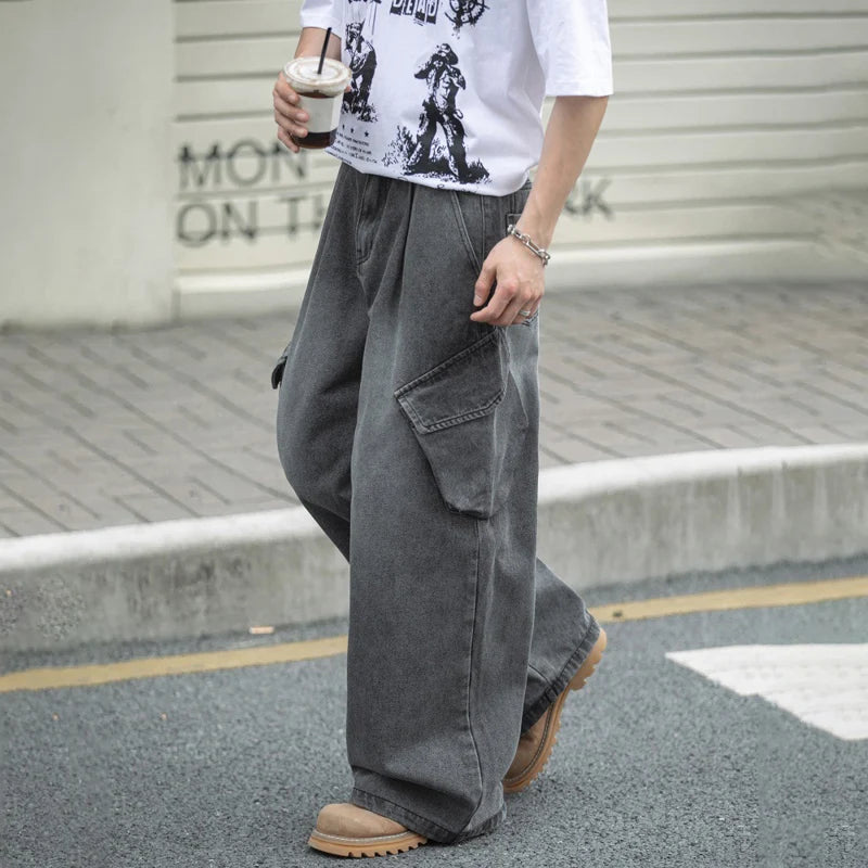 VILZSTUDIOS Vintage Washed Loose Fit Cargo Jeans