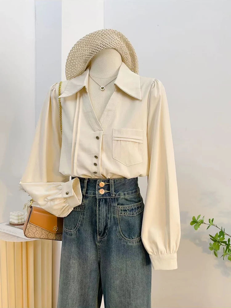 VILZSTUDIOS Simple Loose Lapel Long Sleeve Blouse