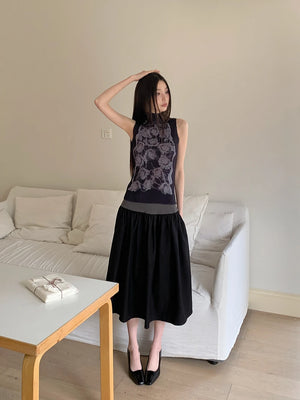 VILZSTUDIOS Floral Black Sleeveless Turtleneck Tank Top