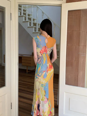 VILZSTUDIOS Elegant Vintage Floral Mesh Sleeveless Dress