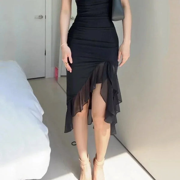 Sexy Sleeveless Ruffled Midi Dress