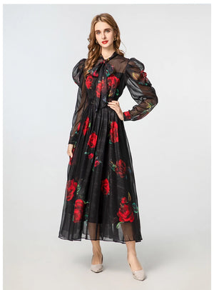 VILZSTUDIOS Elegant Black Bow Tie Sheer Dress