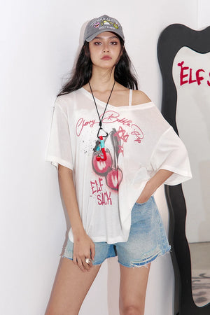 VILZSTUDIOS Vibrant Printed Loose V-Neck T-Shirt