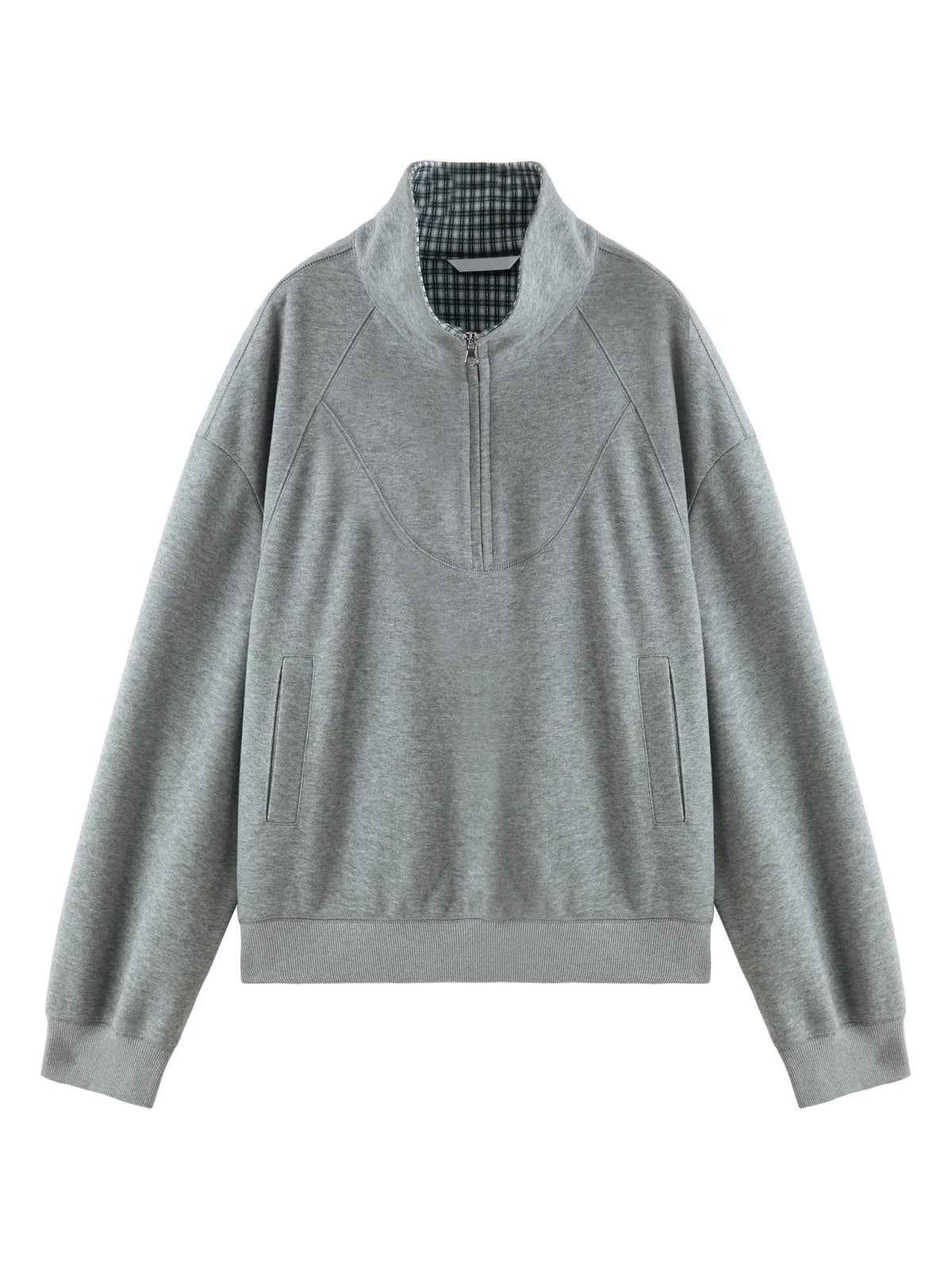 VILZSTUDIOS Cozy Plaid Stand Collar Sweatshirt