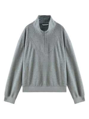 VILZSTUDIOS Cozy Plaid Stand Collar Sweatshirt