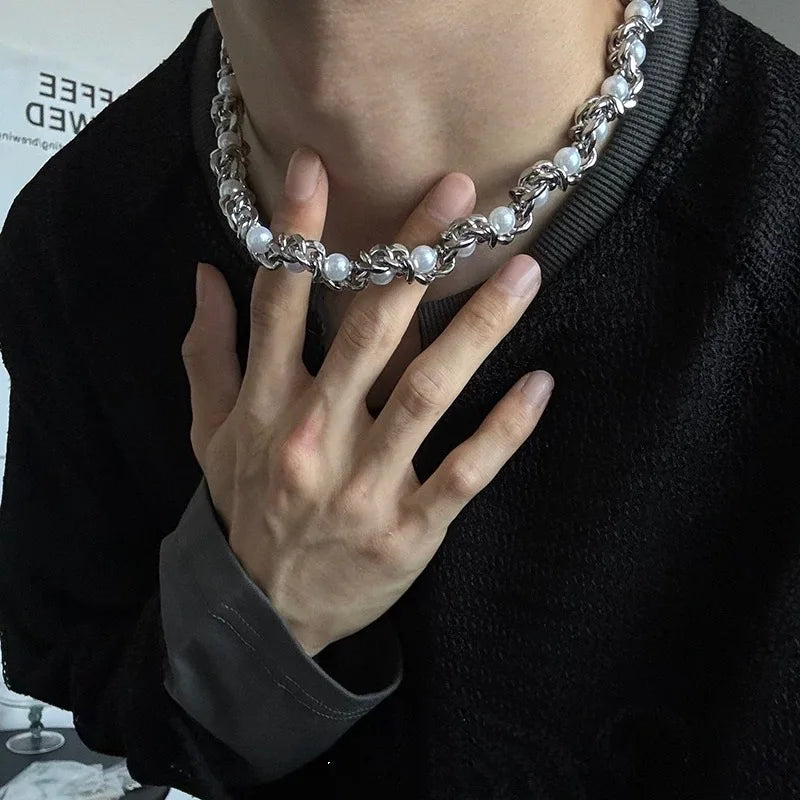 VILZSTUDIOS Stylish Stainless Steel Pearl Cuban Necklace