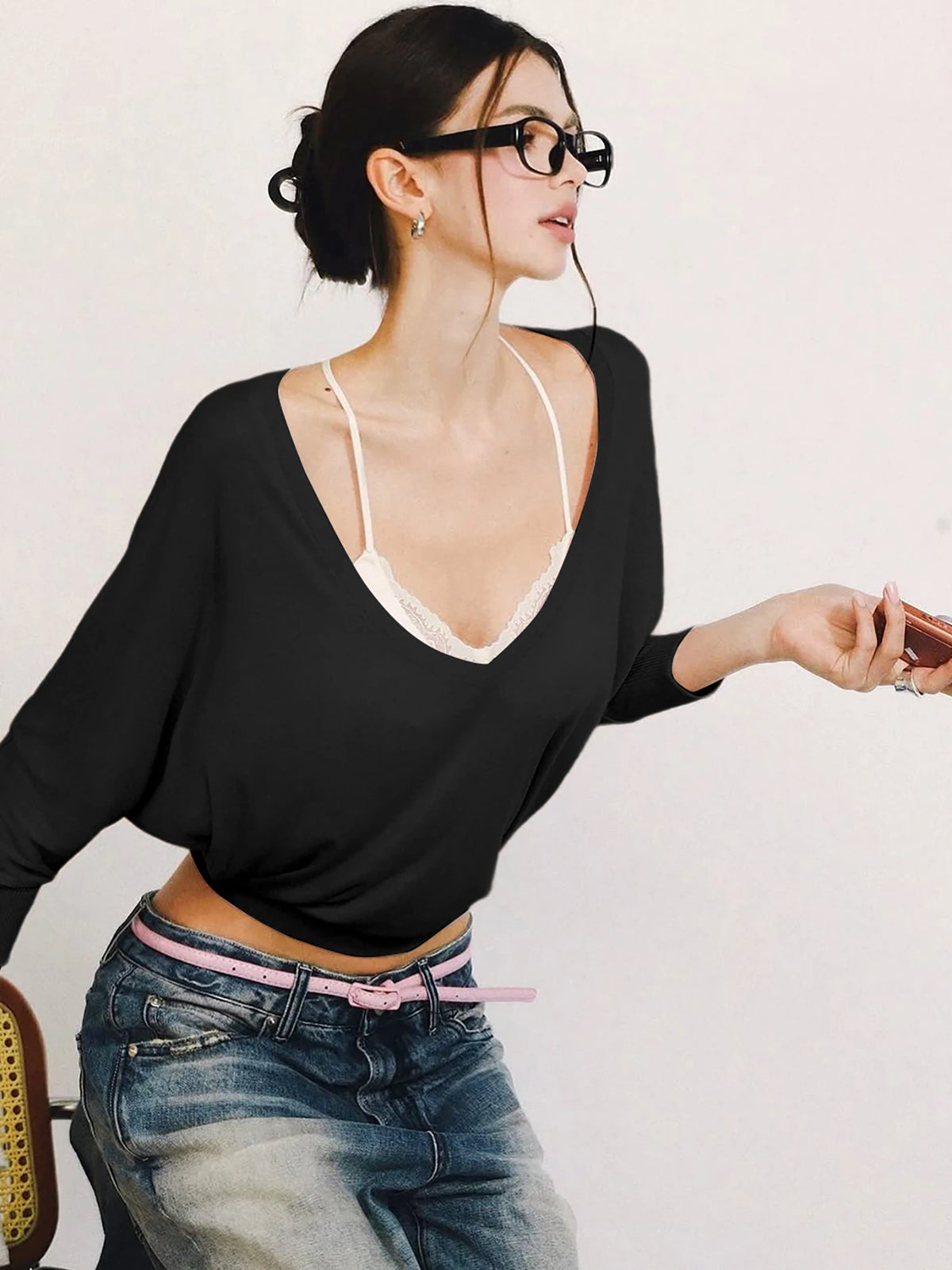 VILZSTUDIOS Sexy V-Neck Slim-Fit Long Sleeve Top