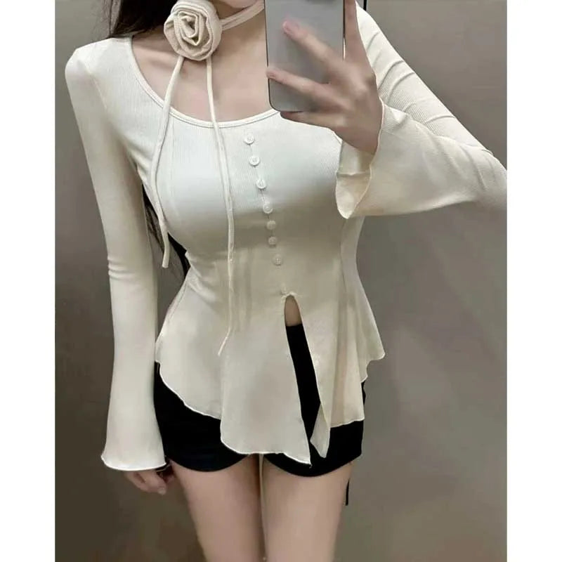 VILZSTUDIOS Chic Ruffled Knit Light Sweater