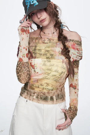 VILZSTUDIOS Elegant Printed Mesh Long Sleeve Blouse