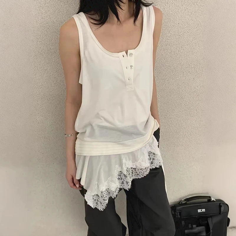 VILZSTUDIOS Sleeveless White Splicing Lace Blouse