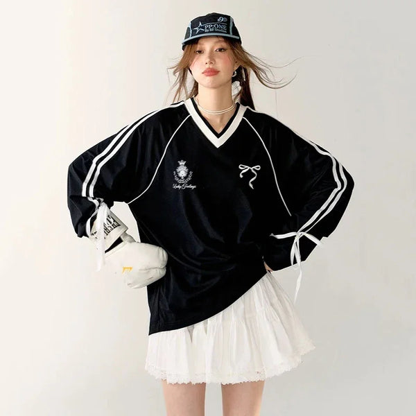 Sweet Bow White V Neck T-Shirt