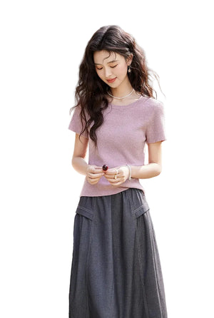 VILZSTUDIOS Pearl Buckle Knitted Short Sleeve T-Shirt