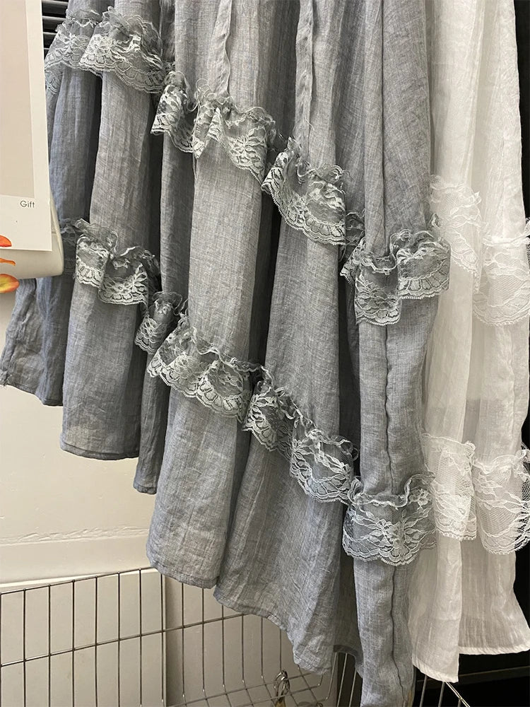 VILZSTUDIOS Gray Lace Patchwork High Waist Skirt