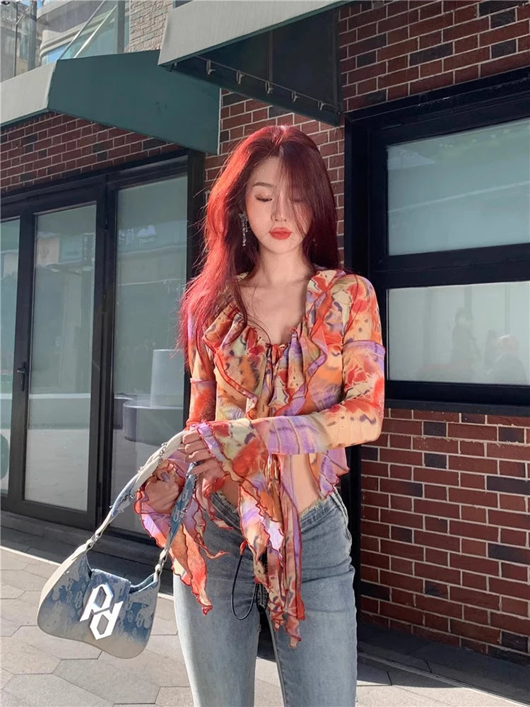 VILZSTUDIOS Fairycore Ruffled Tie Dye Crop Top