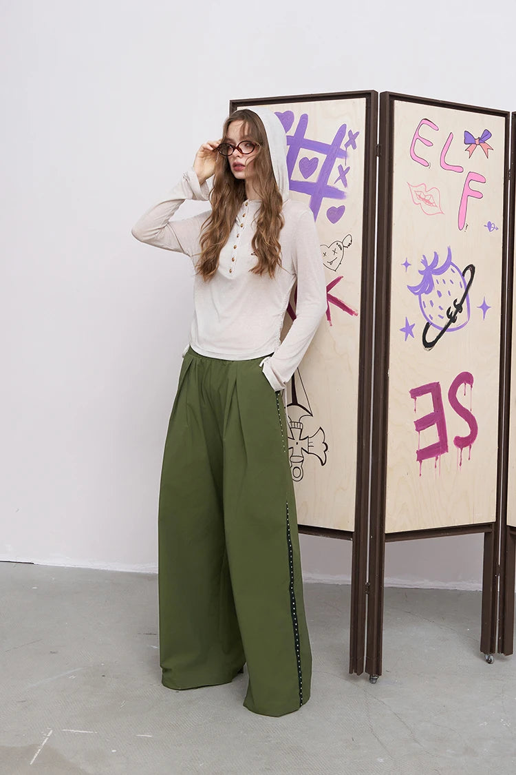 VILZSTUDIOS Solid Loose Wrinkled Straight Leg Pants