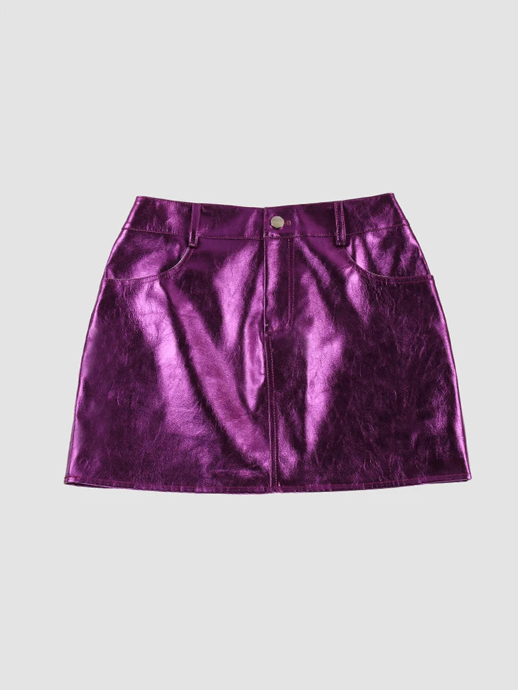 VILZSTUDIOS Shiny Pink Silver Reflective Patent Leather Skirts