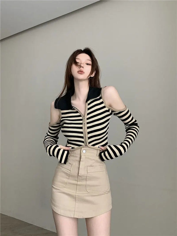 Striped Knitted Off Shoulder Crop Top